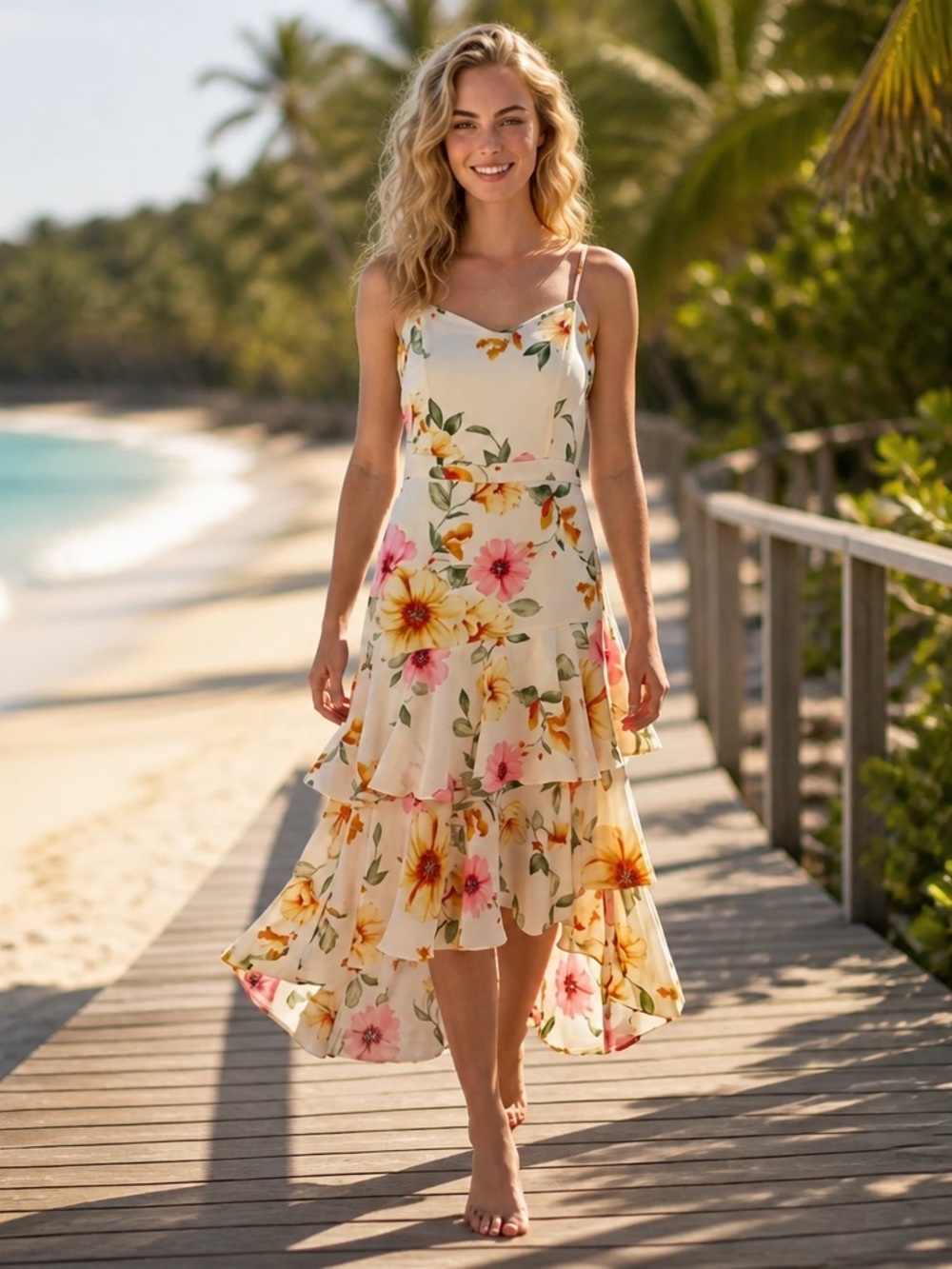 NEW Leith Ivory Floral Print Tiered Hi Lo Maxi Dress Size XXL